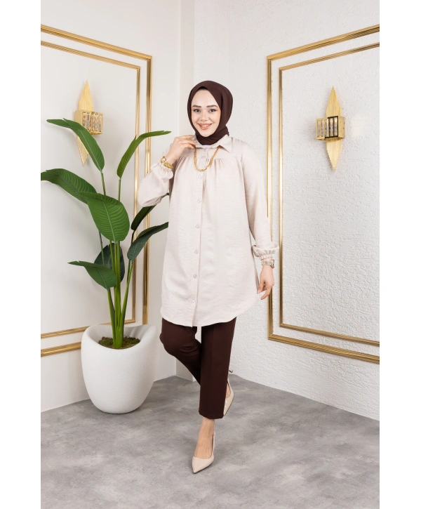 Önü Büzgülü Bilek Lastikli Tunik - Bej / Ü104