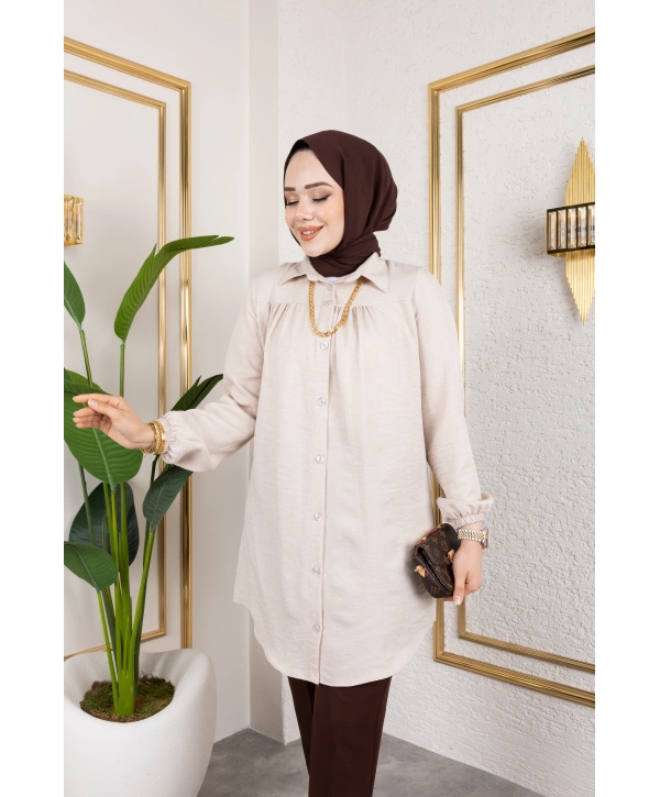 Önü Büzgülü Bilek Lastikli Tunik - Bej / Ü104