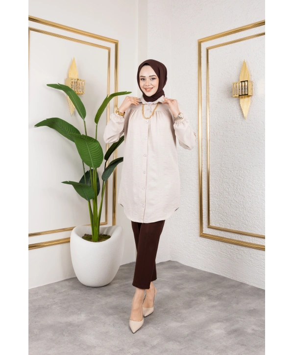 Önü Büzgülü Bilek Lastikli Tunik - Bej / Ü104