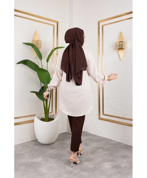 Önü Büzgülü Bilek Lastikli Tunik - Bej / Ü104