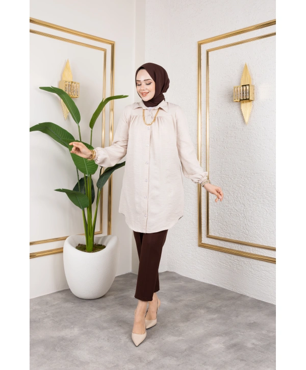 Önü Büzgülü Bilek Lastikli Tunik - Bej / Ü104