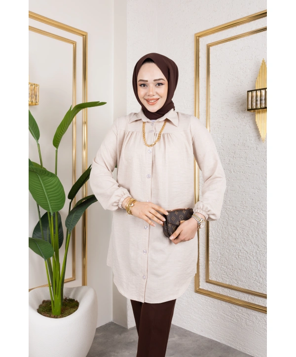 Önü Büzgülü Bilek Lastikli Tunik - Bej / Ü104