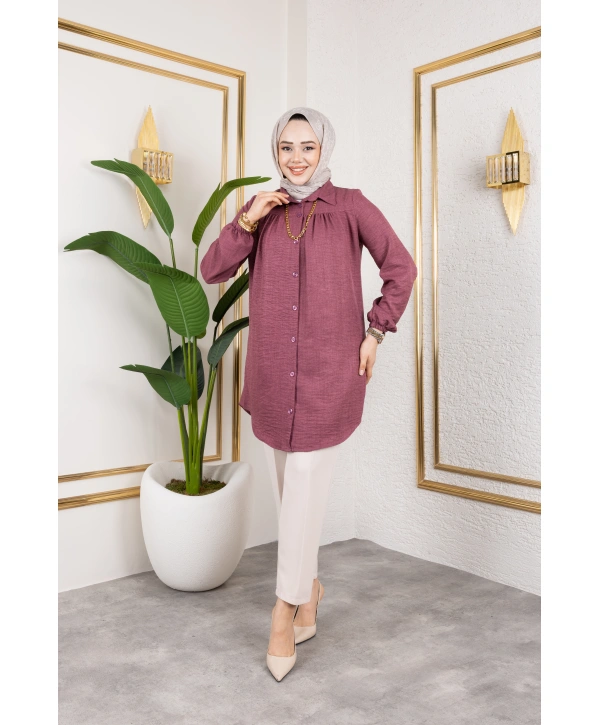 Önü Büzgülü Bilek Lastikli Tunik - Gül Kurusu / Ü104