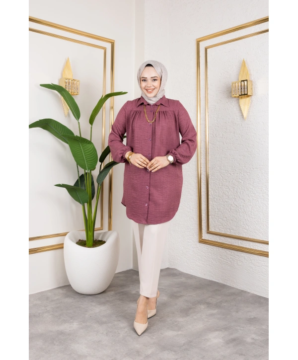 Önü Büzgülü Bilek Lastikli Tunik - Gül Kurusu / Ü104