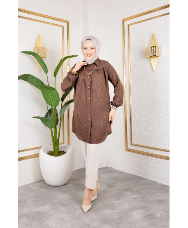 Önü Büzgülü Bilek Lastikli Tunik - Kahverengi / Ü104