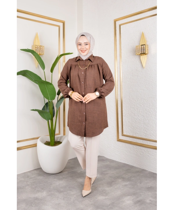 Önü Büzgülü Bilek Lastikli Tunik - Kahverengi / Ü104