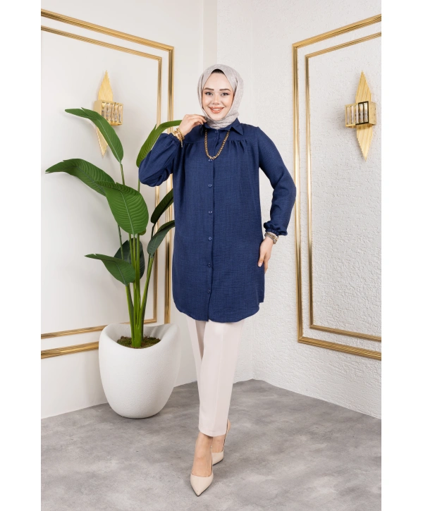 Önü Büzgülü Bilek Lastikli Tunik - Lacivert / Ü104