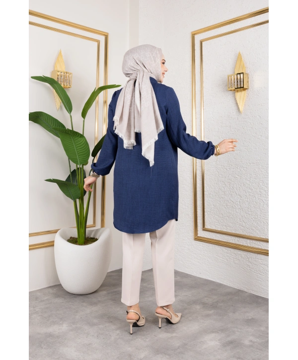 Önü Büzgülü Bilek Lastikli Tunik - Lacivert / Ü104