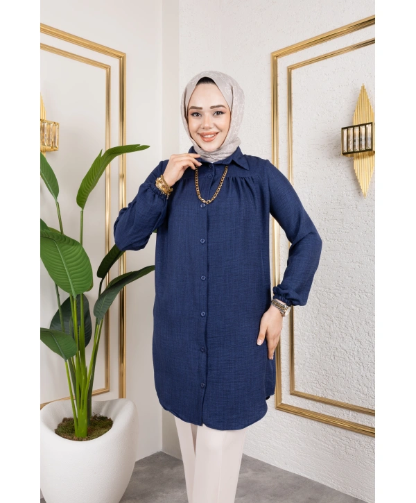 Önü Büzgülü Bilek Lastikli Tunik - Lacivert / Ü104
