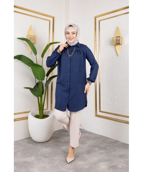Önü Büzgülü Bilek Lastikli Tunik - Lacivert / Ü104