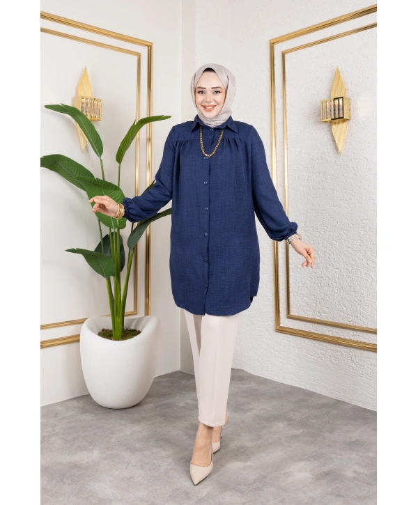 Önü Büzgülü Bilek Lastikli Tunik - Lacivert / Ü104