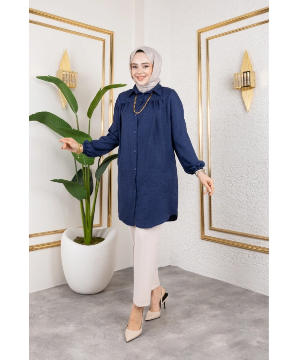 Önü Büzgülü Bilek Lastikli Tunik - Lacivert / Ü104