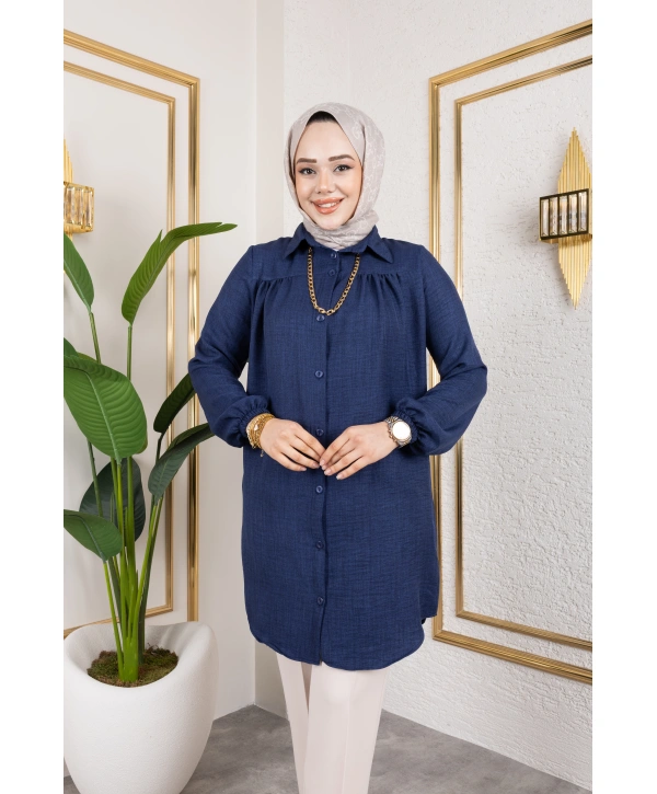 Önü Büzgülü Bilek Lastikli Tunik - Lacivert / Ü104