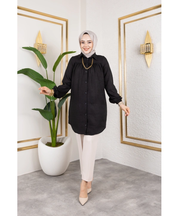 Önü Büzgülü Bilek Lastikli Tunik - Siyah / Ü104