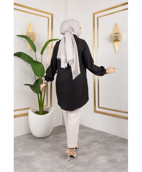 Önü Büzgülü Bilek Lastikli Tunik - Siyah / Ü104