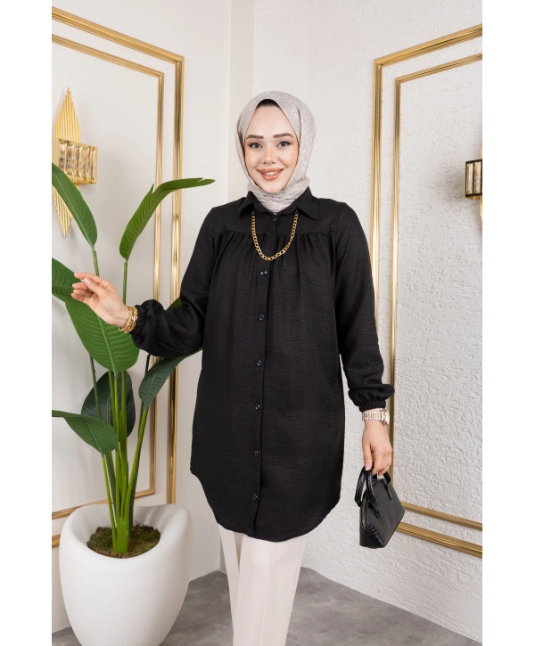 Önü Büzgülü Bilek Lastikli Tunik - Siyah / Ü104