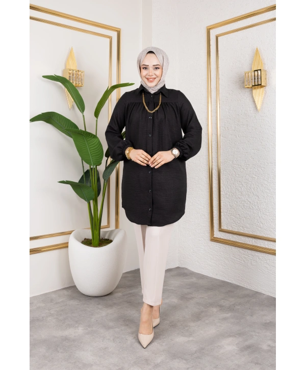 Önü Büzgülü Bilek Lastikli Tunik - Siyah / Ü104