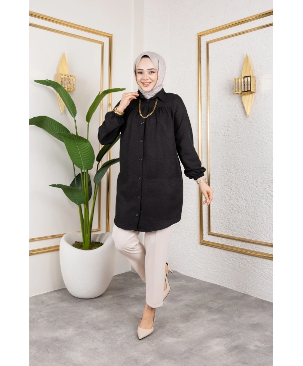 Önü Büzgülü Bilek Lastikli Tunik - Siyah / Ü104
