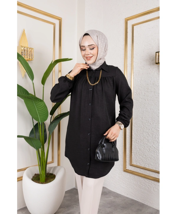 Önü Büzgülü Bilek Lastikli Tunik - Siyah / Ü104