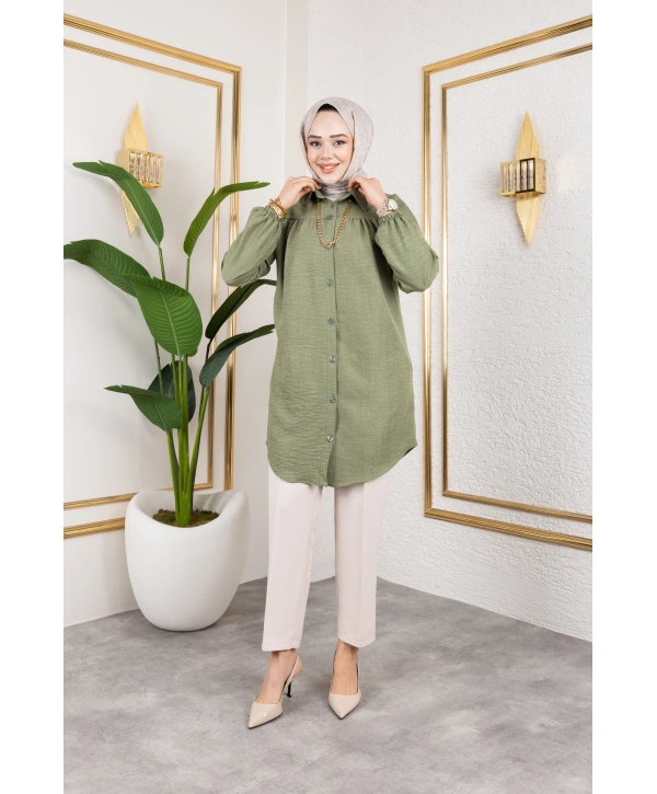 Önü Büzgülü Bilek Lastikli Tunik - Yeşil / Ü104