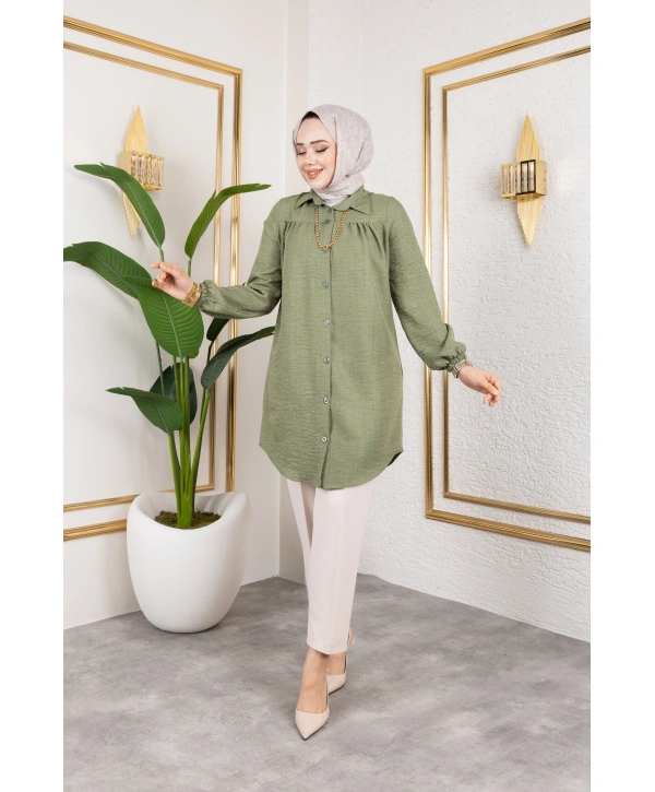 Önü Büzgülü Bilek Lastikli Tunik - Yeşil / Ü104