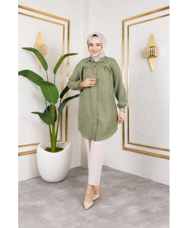 Önü Büzgülü Bilek Lastikli Tunik - Yeşil / Ü104