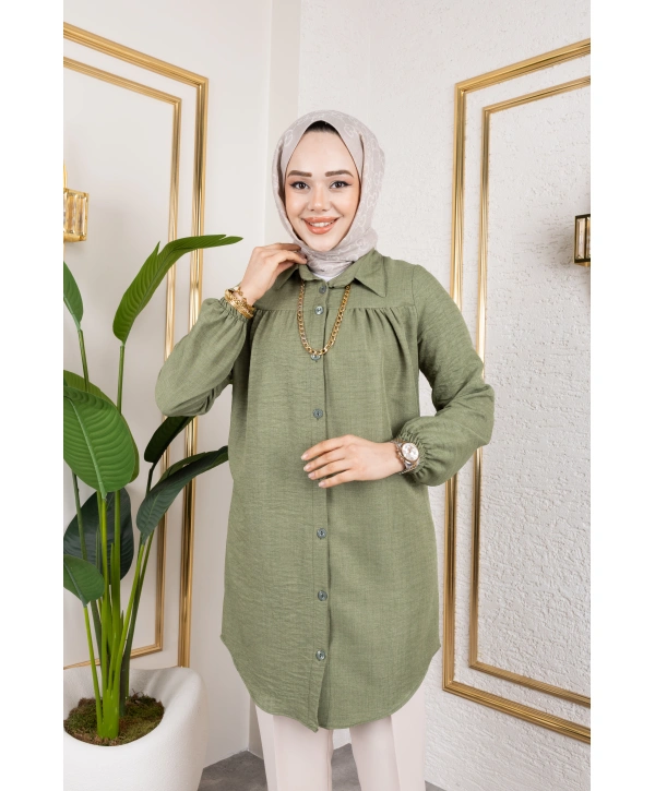 Önü Büzgülü Bilek Lastikli Tunik - Yeşil / Ü104