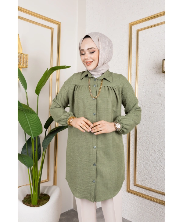 Önü Büzgülü Bilek Lastikli Tunik - Yeşil / Ü104