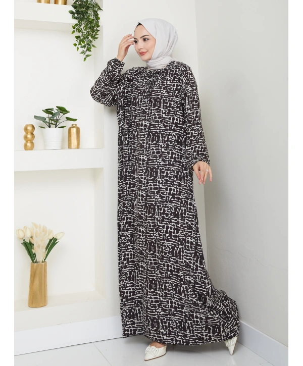 Büzgü Detaylı Rahat Kesim Anne Elbisesi - Kahverengi / E0130