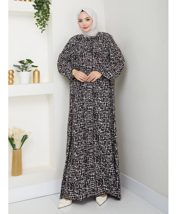 Büzgü Detaylı Rahat Kesim Anne Elbisesi - Kahverengi / E0130