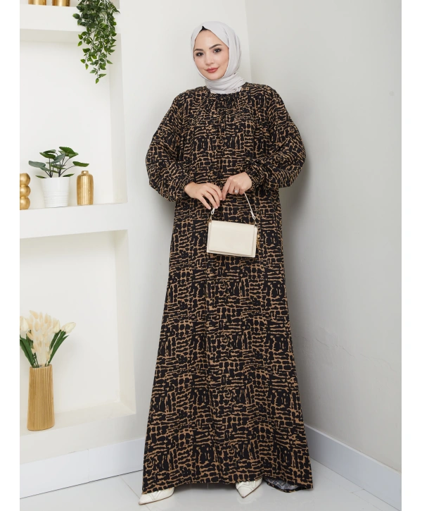 Büzgü Detaylı Rahat Kesim Anne Elbisesi - Siyah/Taba / E0130