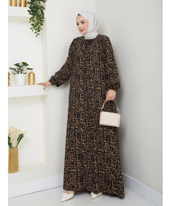 Büzgü Detaylı Rahat Kesim Anne Elbisesi - Siyah/Taba / E0130