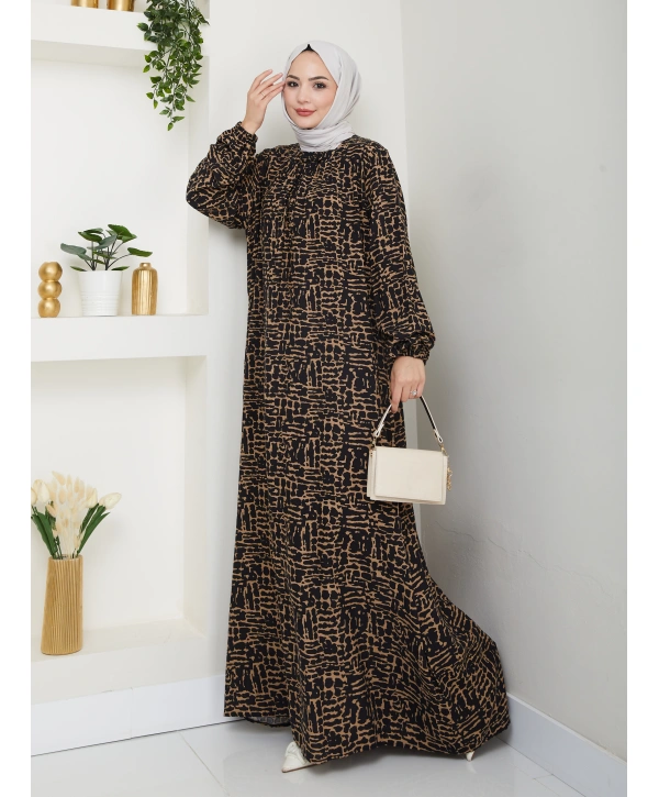 Büzgü Detaylı Rahat Kesim Anne Elbisesi - Siyah/Taba / E0130