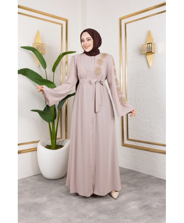 Sol Tarafı İnci Detaylı Ferace - Bej / F0140