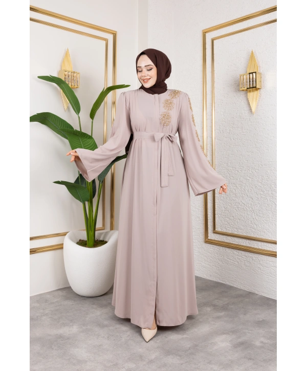 Sol Tarafı İnci Detaylı Ferace - Bej / F0140