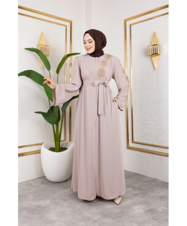 Sol Tarafı İnci Detaylı Ferace - Bej / F0140