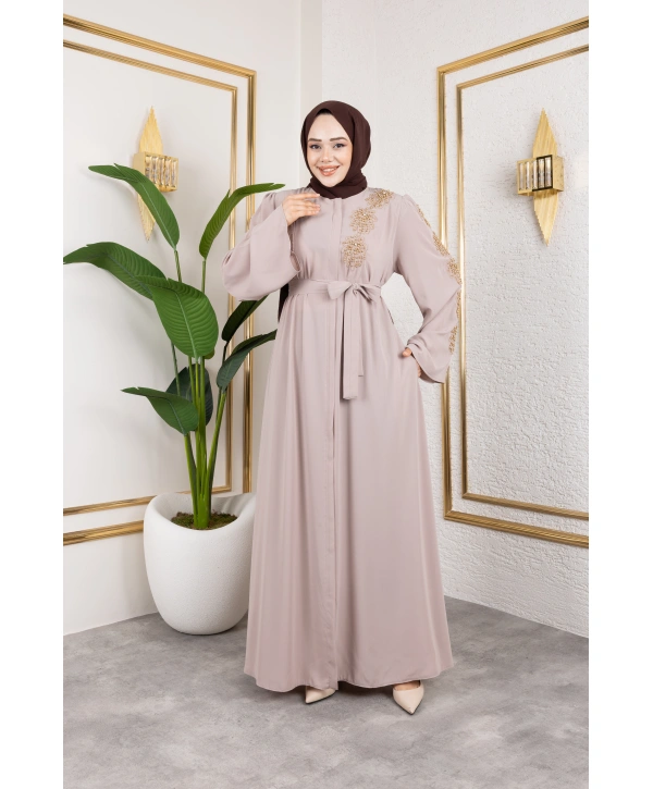 Sol Tarafı İnci Detaylı Ferace - Bej / F0140