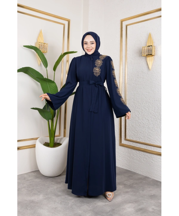 Sol Tarafı İnci Detaylı Ferace - Lacivert / F0140