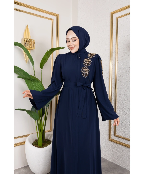 Sol Tarafı İnci Detaylı Ferace - Lacivert / F0140