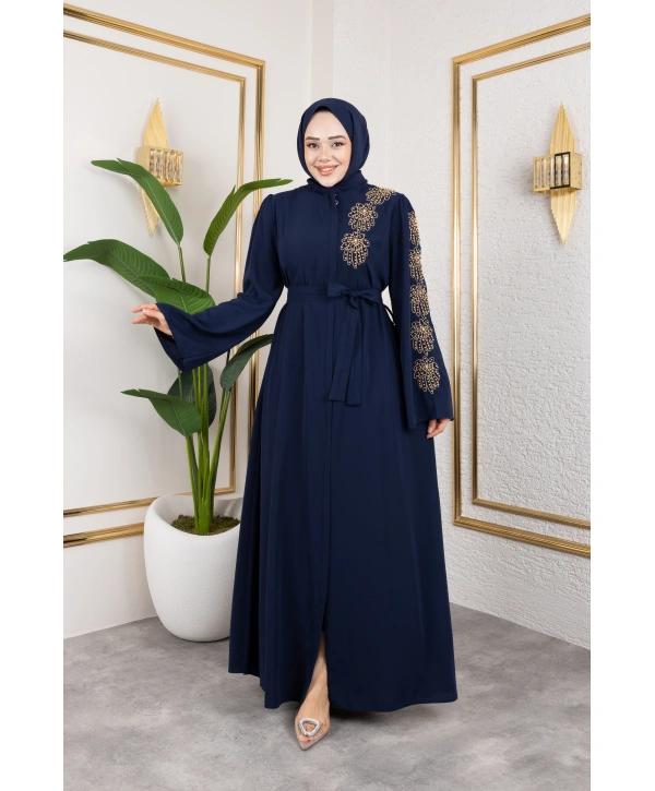 Sol Tarafı İnci Detaylı Ferace - Lacivert / F0140