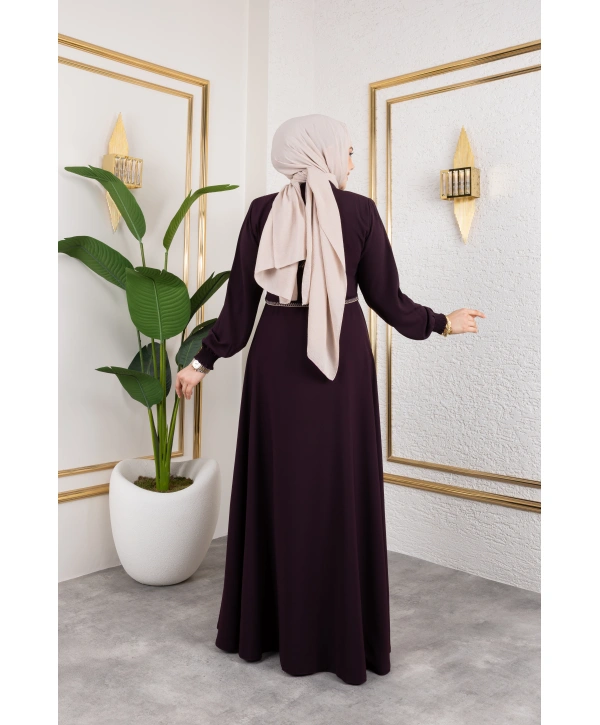 Yaka Ve Bel Nakış Detaylı Ferace - Mürdüm / F0143