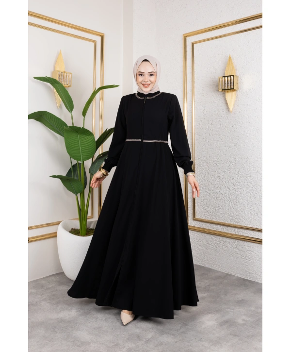 Yaka Ve Bel Nakış Detaylı Ferace - Siyah / F0143