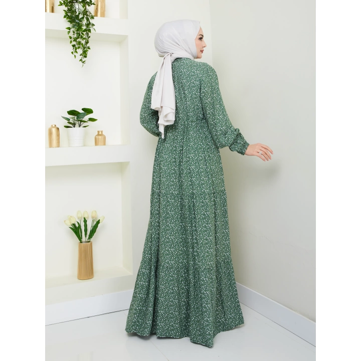 Düğme Detaylı Çiçekli Viskon Elbise - Haki / E0123