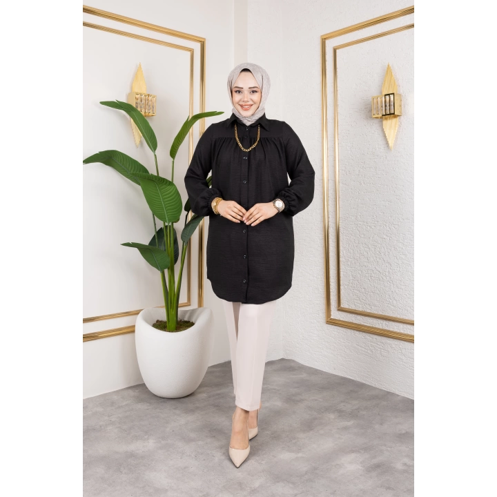 Önü Büzgülü Bilek Lastikli Tunik - Siyah / Ü104