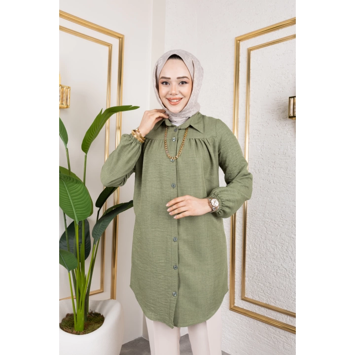 Önü Büzgülü Bilek Lastikli Tunik - Yeşil / Ü104