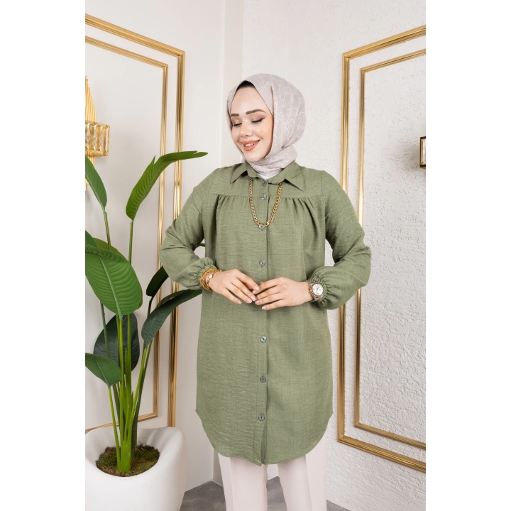 Önü Büzgülü Bilek Lastikli Tunik - Yeşil / Ü104