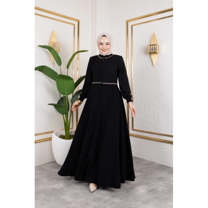 Yaka Ve Bel Nakış Detaylı Ferace - Siyah / F0143