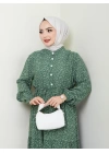 Düğme Detaylı Çiçekli Viskon Elbise - Haki / E0123
