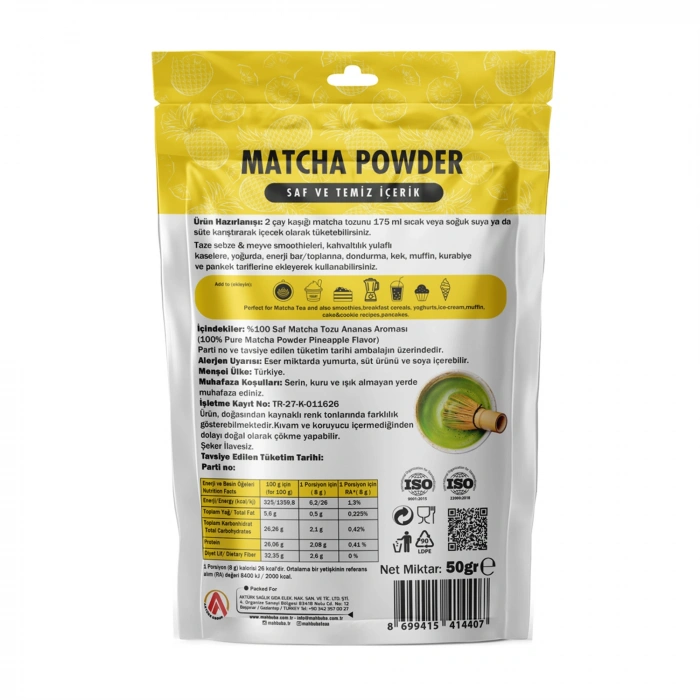 Ananas Aromalı Matcha Çayı Tozu 50gr - Glutensiz