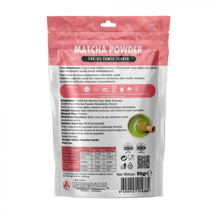 Çilek Aromalı Matcha Çayı Tozu 50gr - Glutensiz